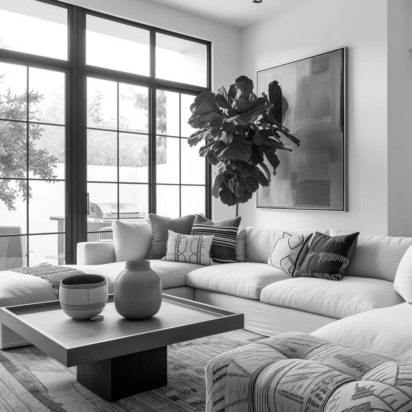 Black-and-white photo of a modern living room with glass sliding doors, a large sectional sofa with decorative pillows, a coffee table with vases and bowls, a large wall art piece, and a tall houseplant near the window.