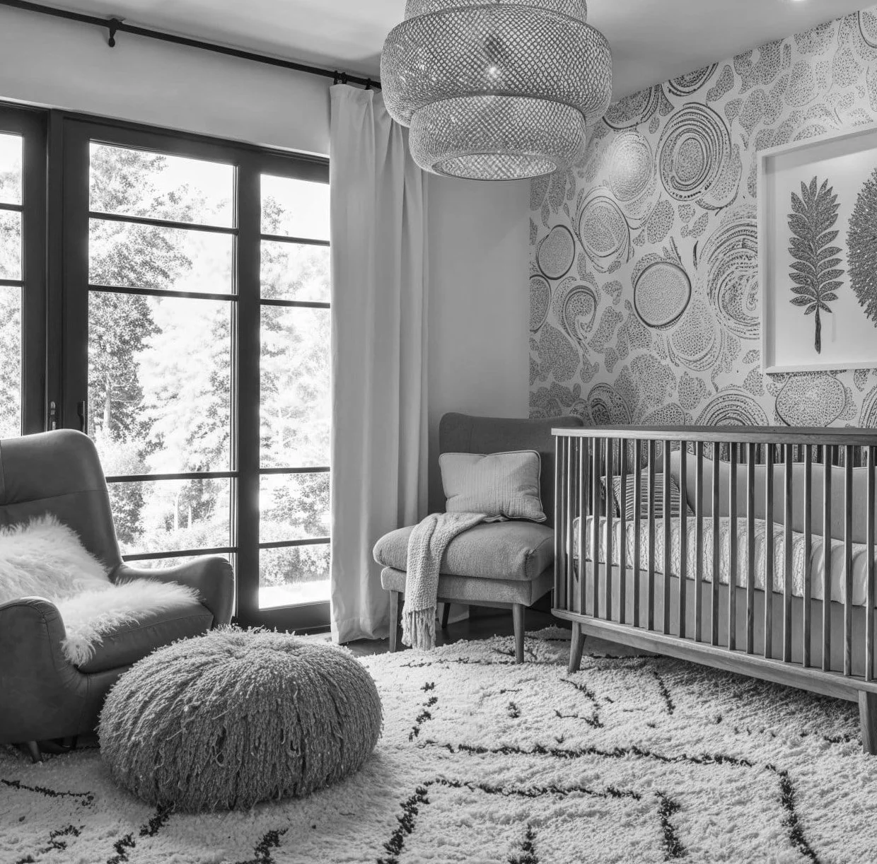 A cozy nursery room with a large window, featuring a bassinet, a cushioned chair with a pillow and blanket, a fluffy pouf, patterned wallpaper with circular designs, a framed leaves print, and a large hanging light fixture.
