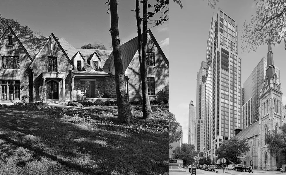 Split black and white photo showing a quaint residential house on the left and tall modern skyscrapers on the right.