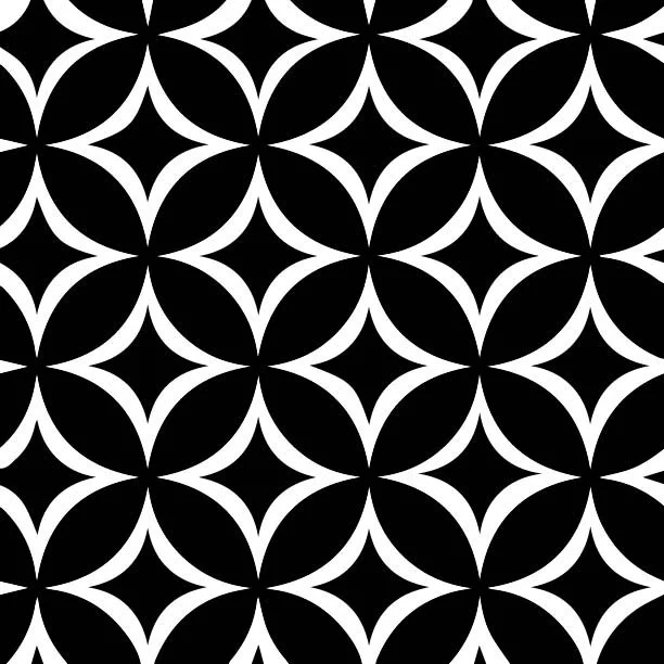 Black and white geometric pattern with overlapping circles and star shapes.