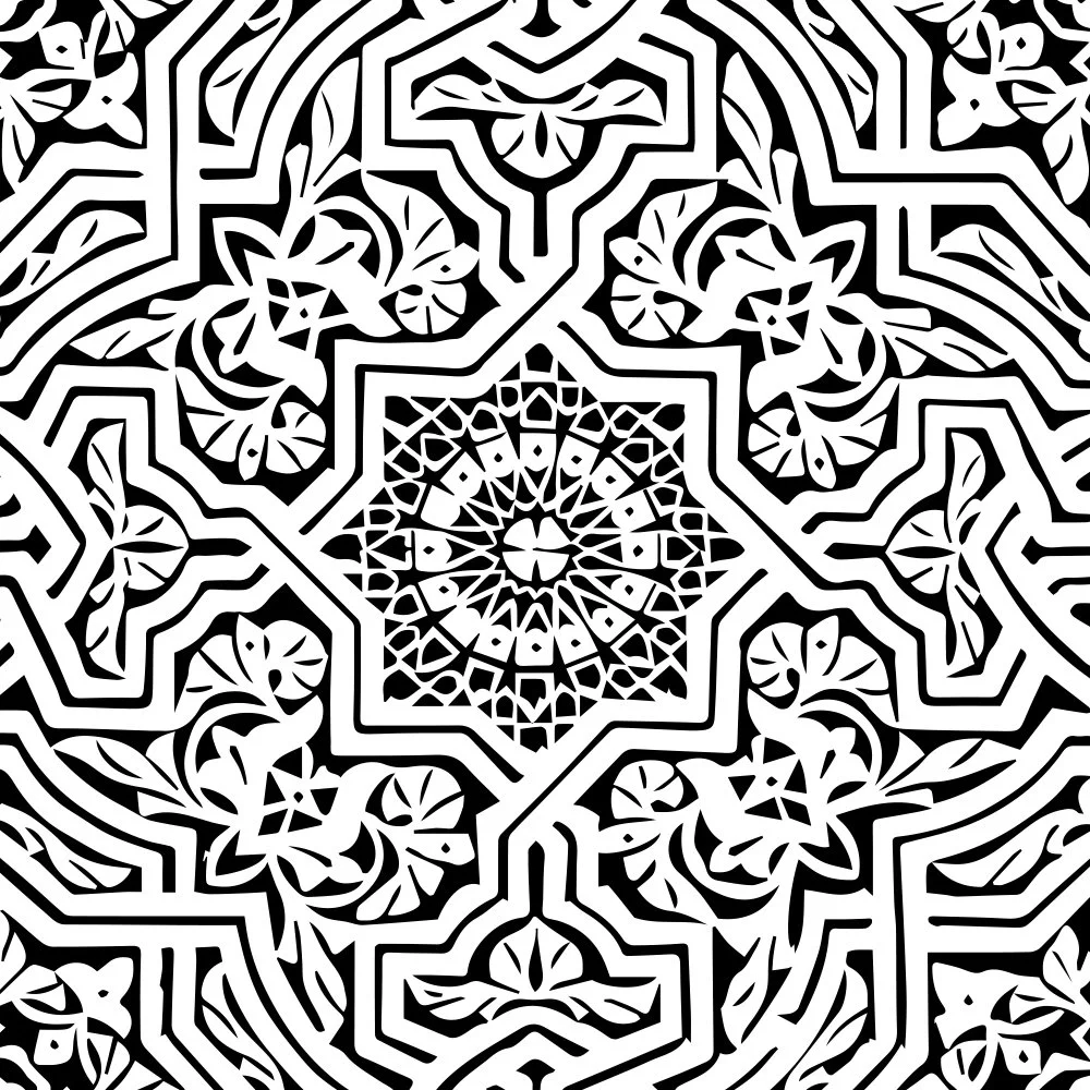 Intricate black and white geometric pattern with floral and star-shaped elements.