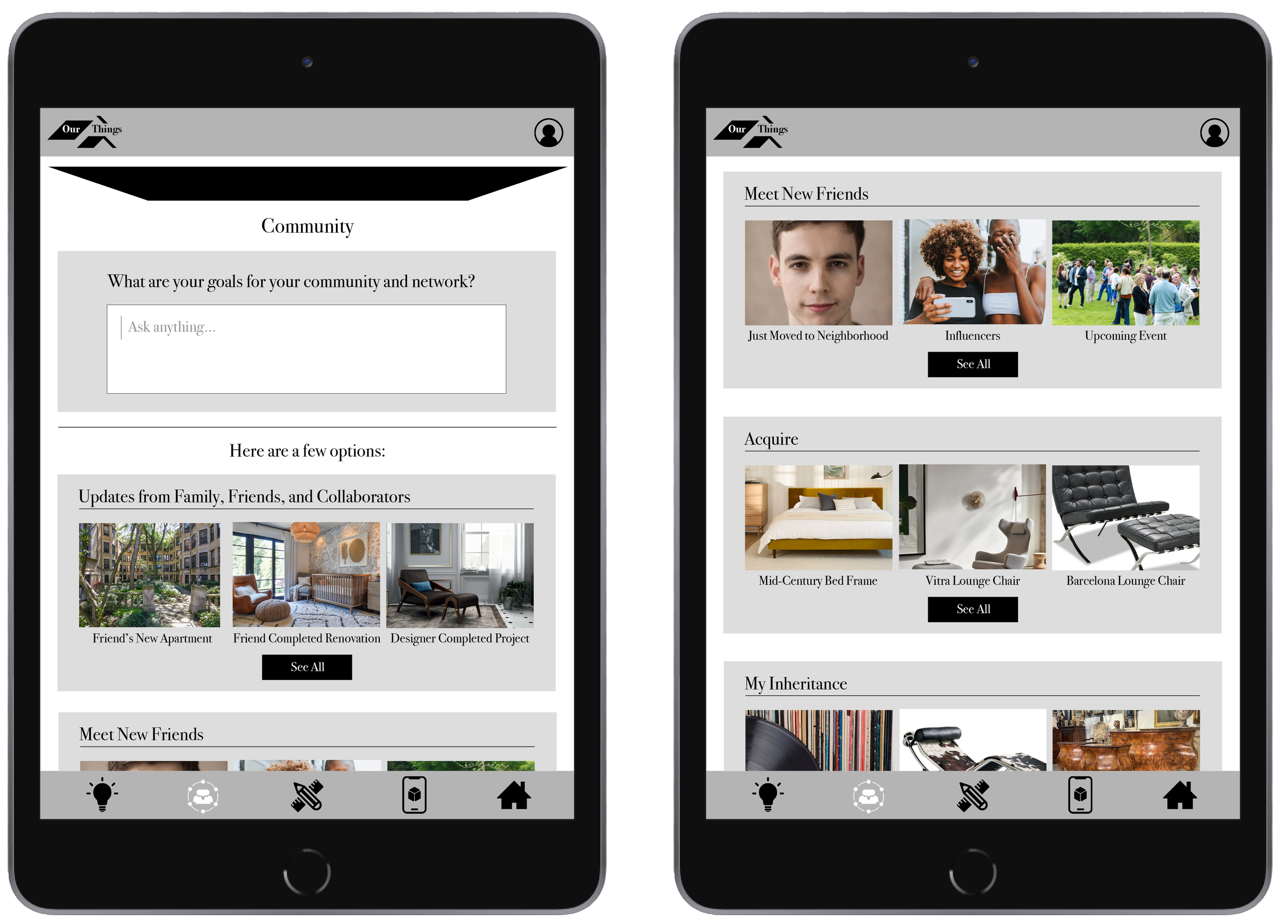 Two smartphones displaying a community app with sections for community goals, updates from friends, new friends, and items for purchase, including furniture and heirlooms.