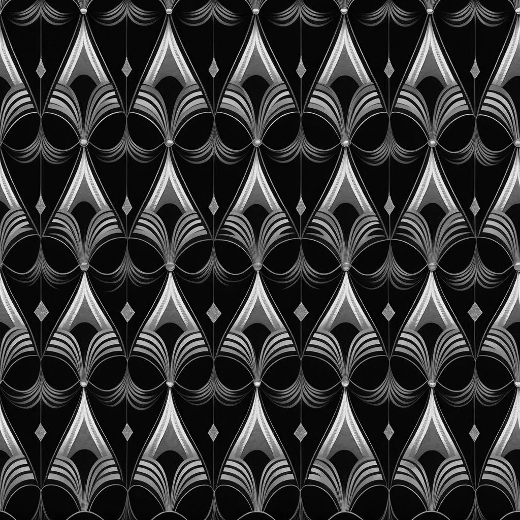 Black and white geometric patterned wallpaper with symmetrical fan and diamond shapes.