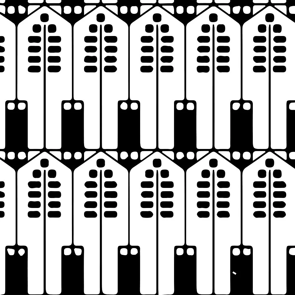 Pattern of black and white stylized trees with a house-like shape at the top.