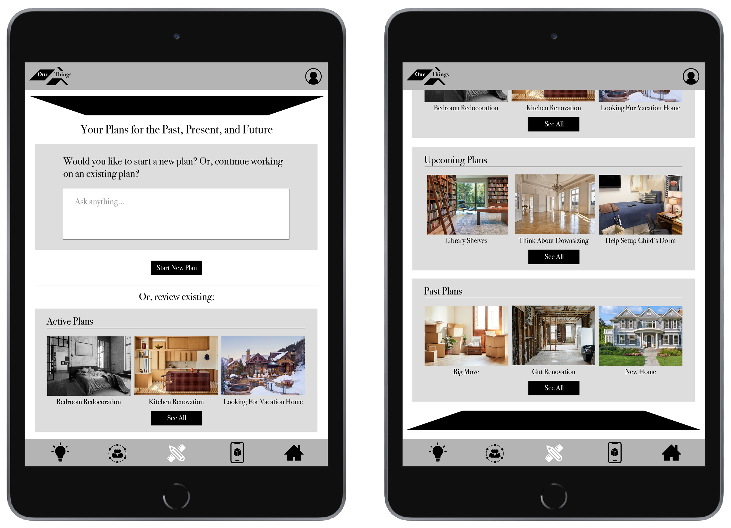 Screenshots of a home renovation planning app on two tablets, showing options for creating, reviewing, and browsing past and upcoming plans for different rooms and projects.