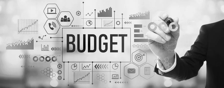 A business person in a suit writing or drawing on a virtual screen with the word 'BUDGET' in the center, surrounded by financial and data analysis icons and graphs.