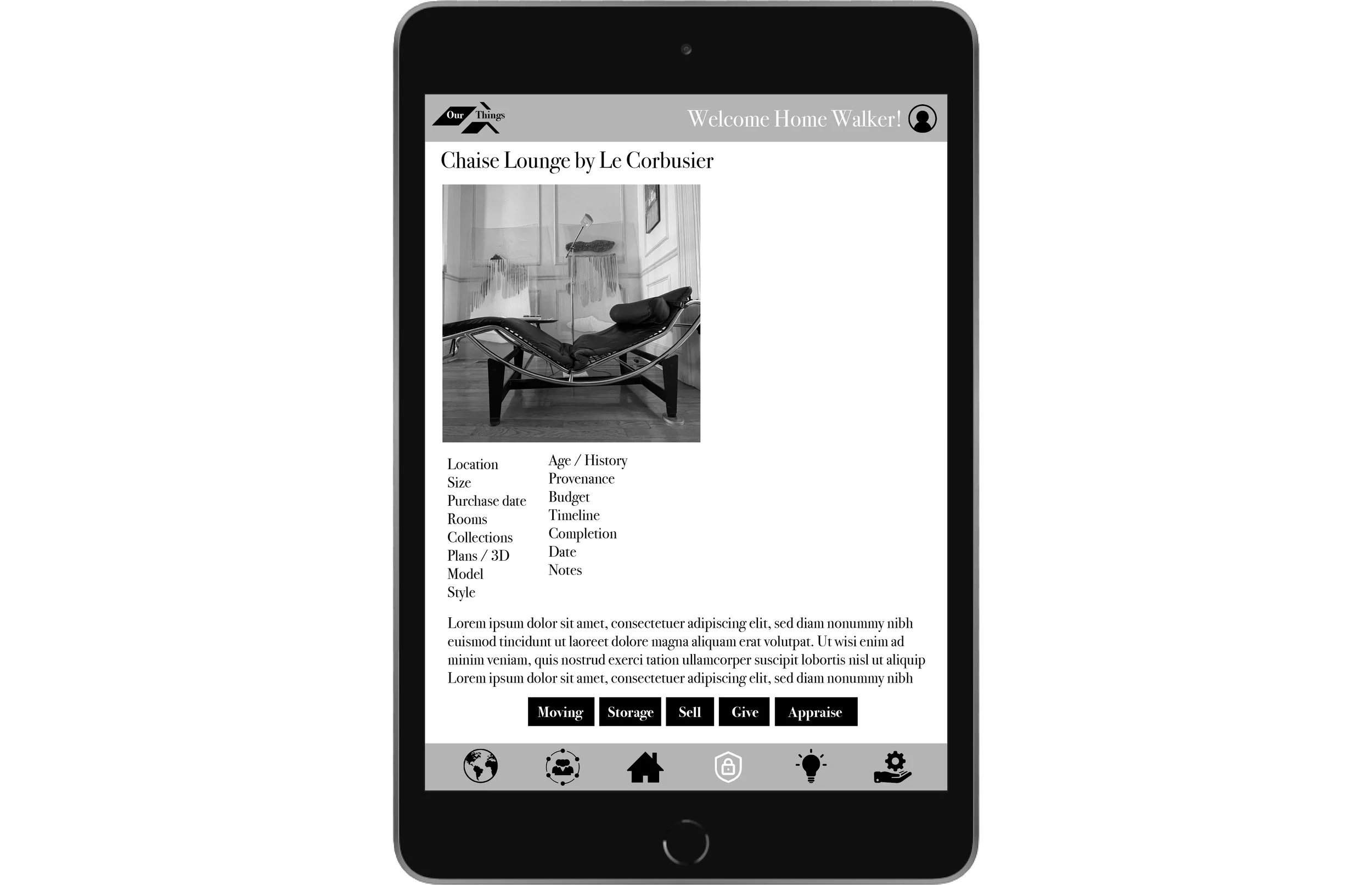 A smartphone screen displaying a home design app featuring a black and white photo of a chaise lounge by Le Corbusier. The app shows various details such as location, age, size, purchase date, rooms, collections, plans, model, style, and additional notes. There are buttons labeled Moving, Storage, Sell, Give, and Appraise below the description. The bottom navigation bar includes icons for globe, chat, home, lock, light bulb, and settings.