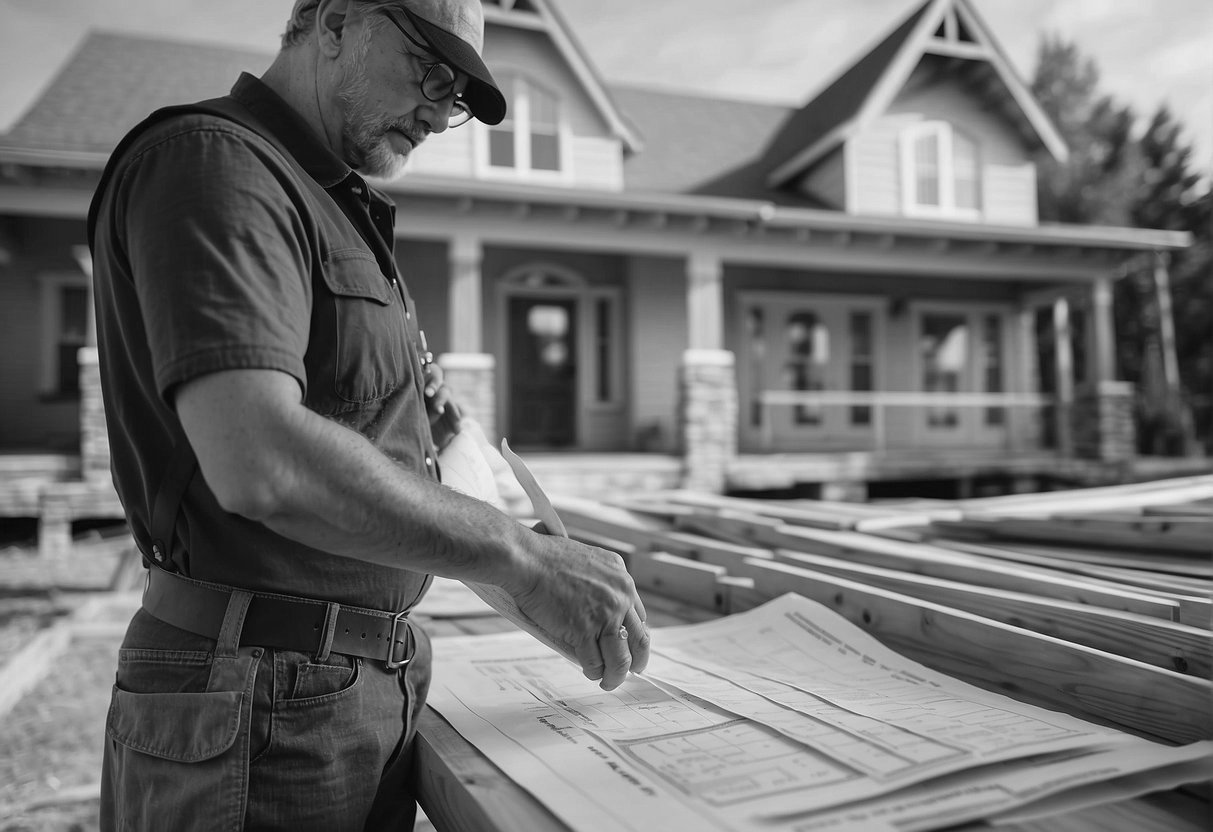 A man in glasses and a cap reviewing construction plans outdoors in front of a house under construction.