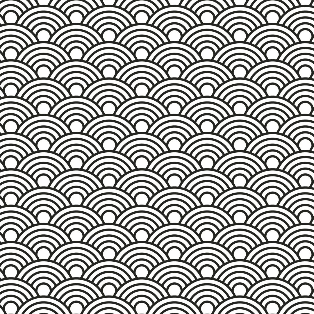 A black and white geometric pattern consisting of overlapping semicircles creating a wave-like design.