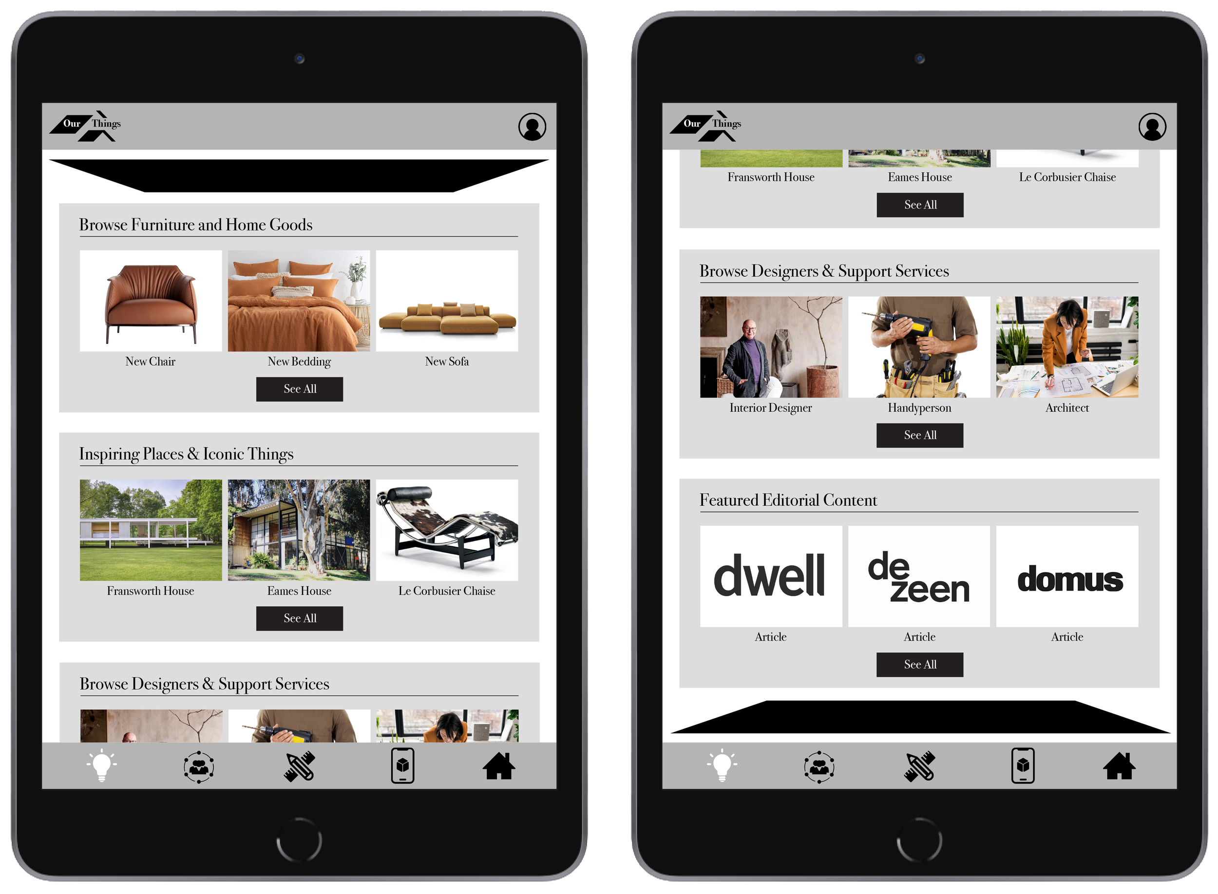 Screenshots of a furniture and design website on two mobile devices, showcasing home goods, designer services, iconic places, and editorial content.
