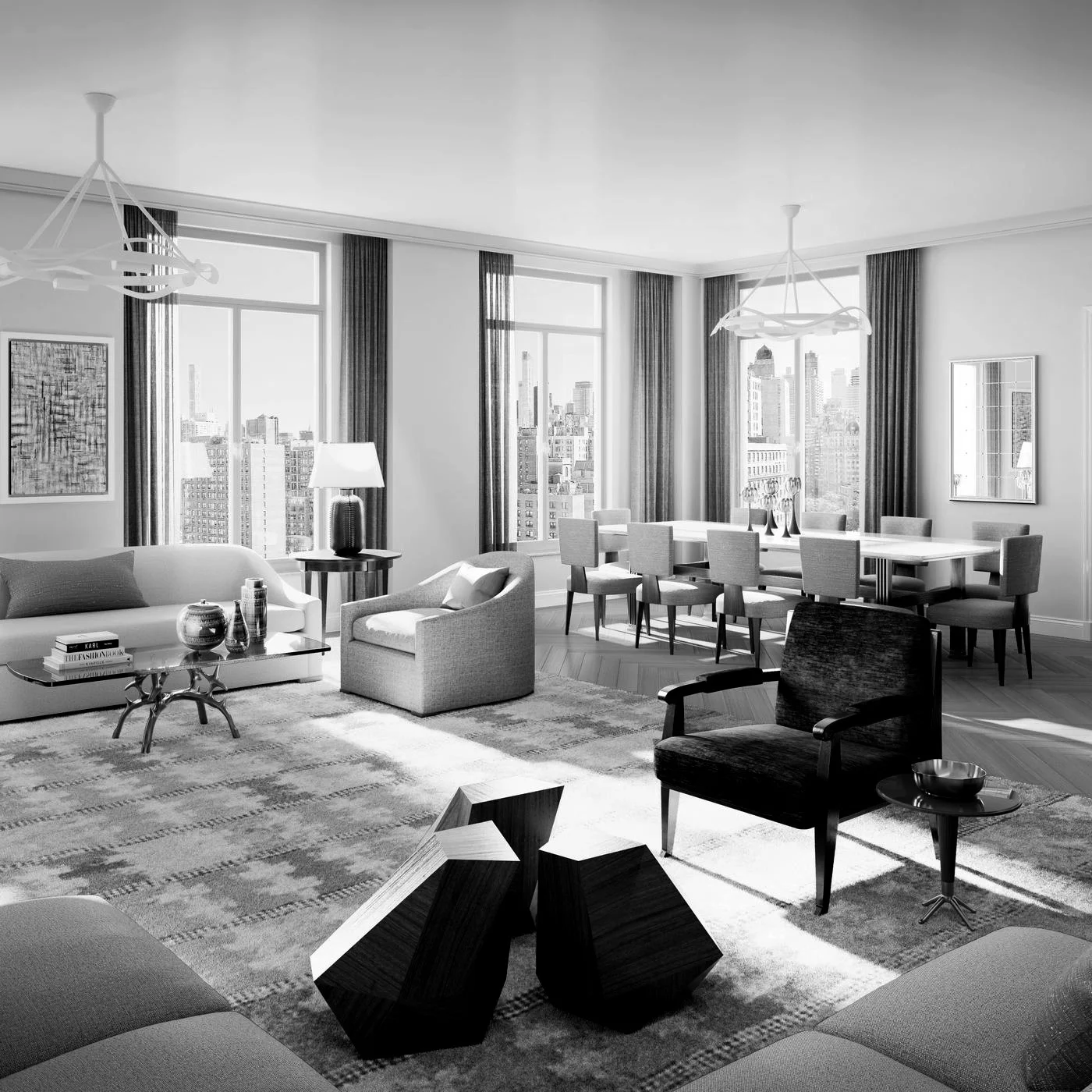 Living room with large windows, modern furniture, and cityscape view.