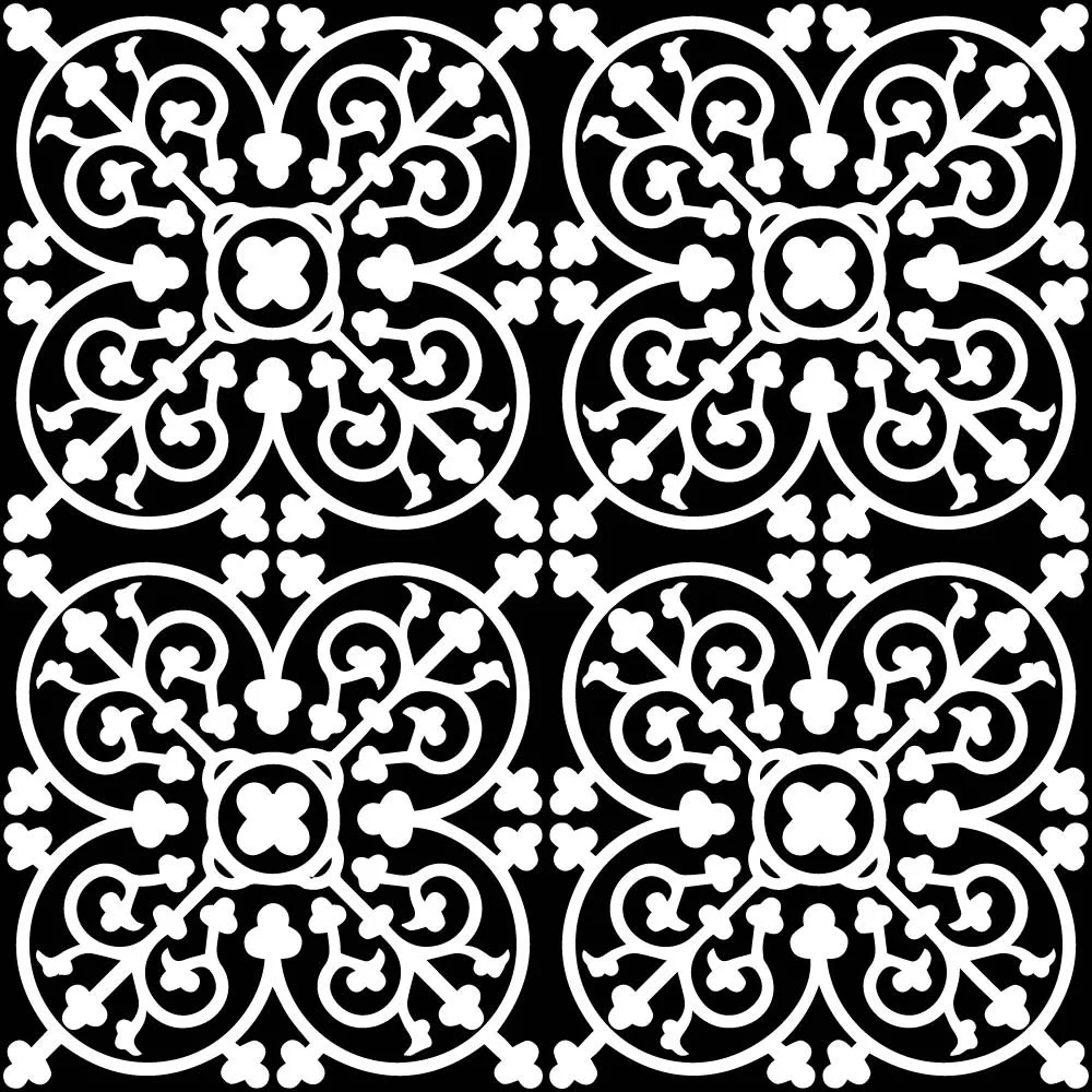 A symmetrical, black and white intricate pattern of floral and geometric shapes arranged in a grid.
