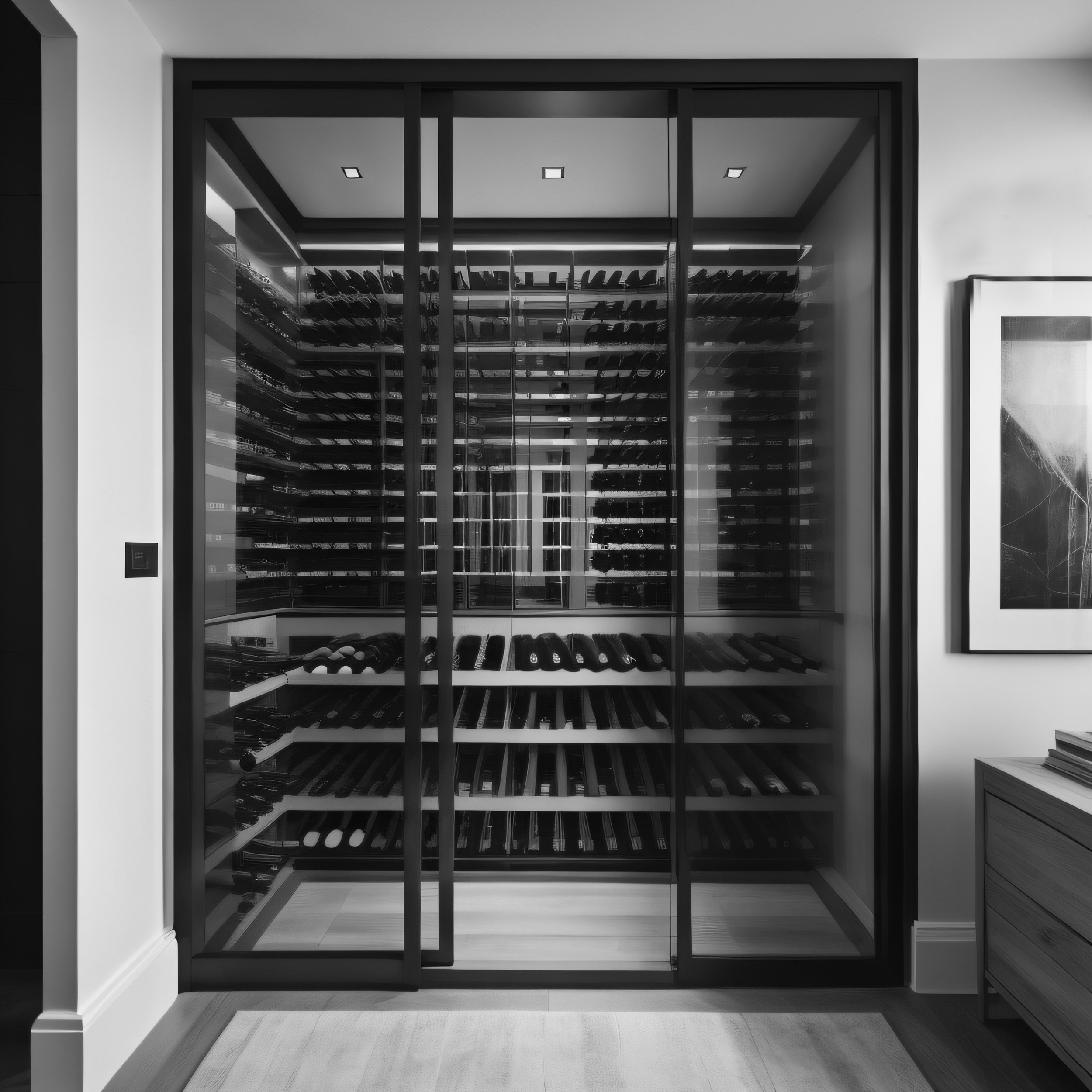 Modern wine cellar with glass sliding doors, multiple shelves filled with wine bottles, in black and white.