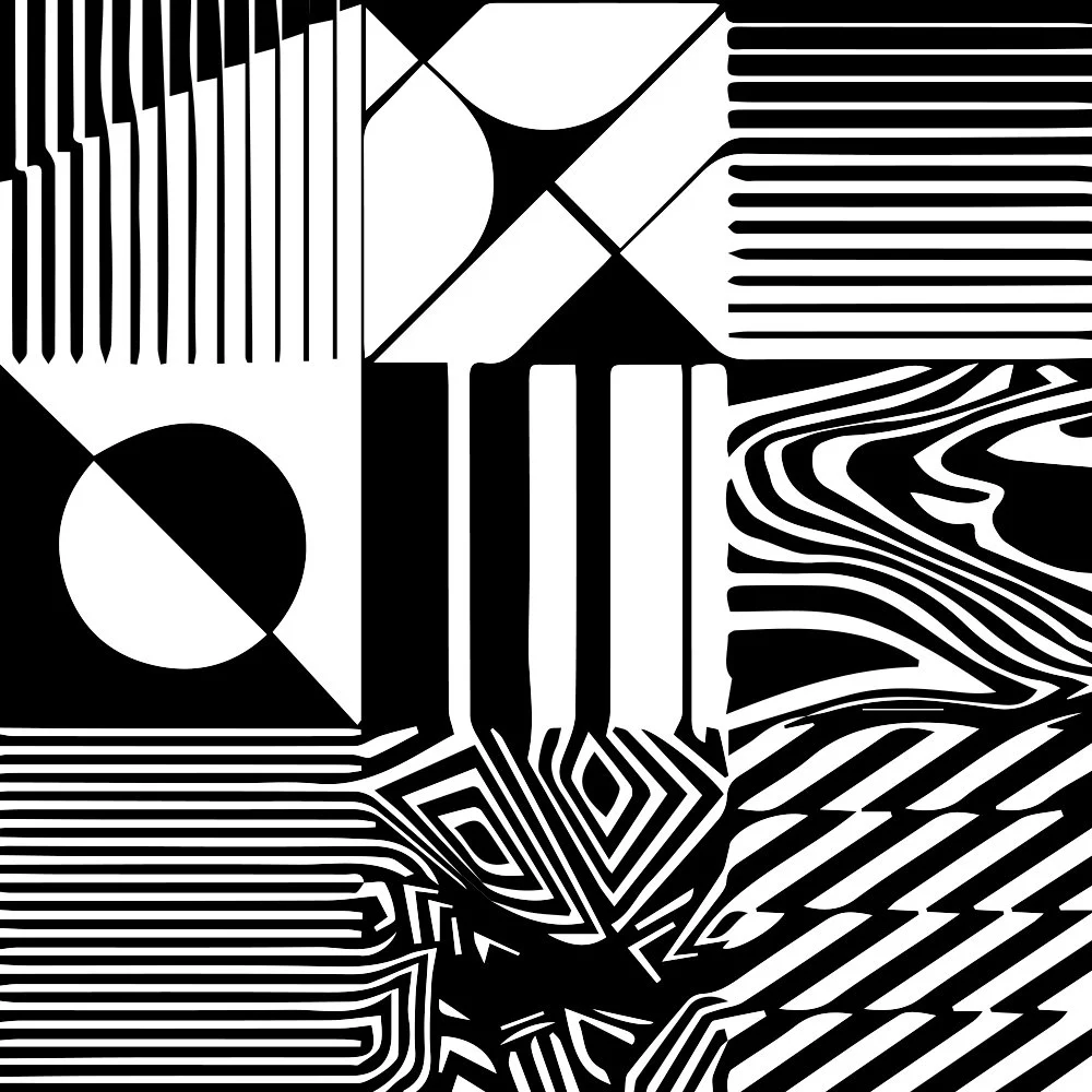 Black and white abstract geometric design with various lines and shapes, including circles, stripes, and zigzags.