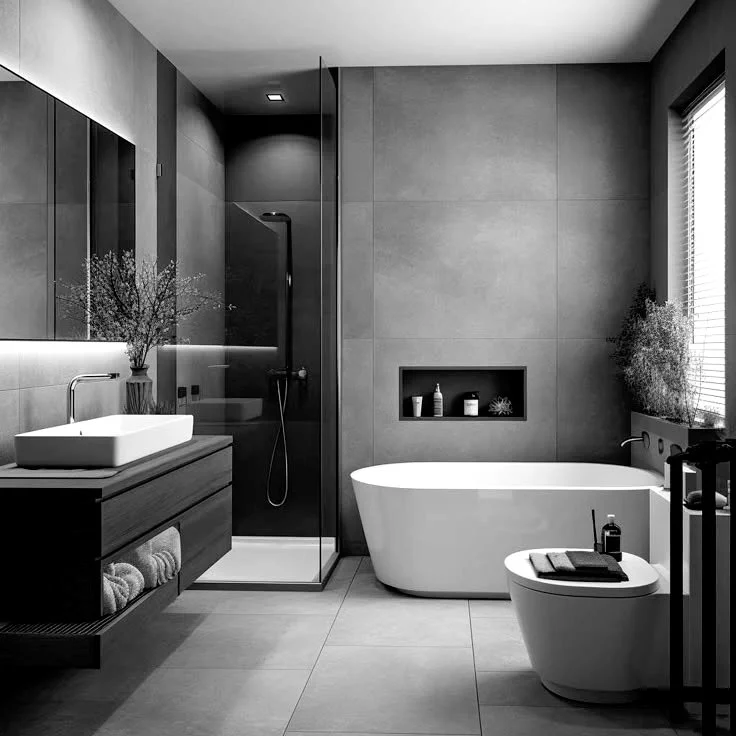 Modern bathroom with gray tiled walls and floor, a freestanding bathtub, a wall-mounted vanity with a vessel sink, a glass-enclosed shower stall, and a window with blinds, decorated with plants and bottles.