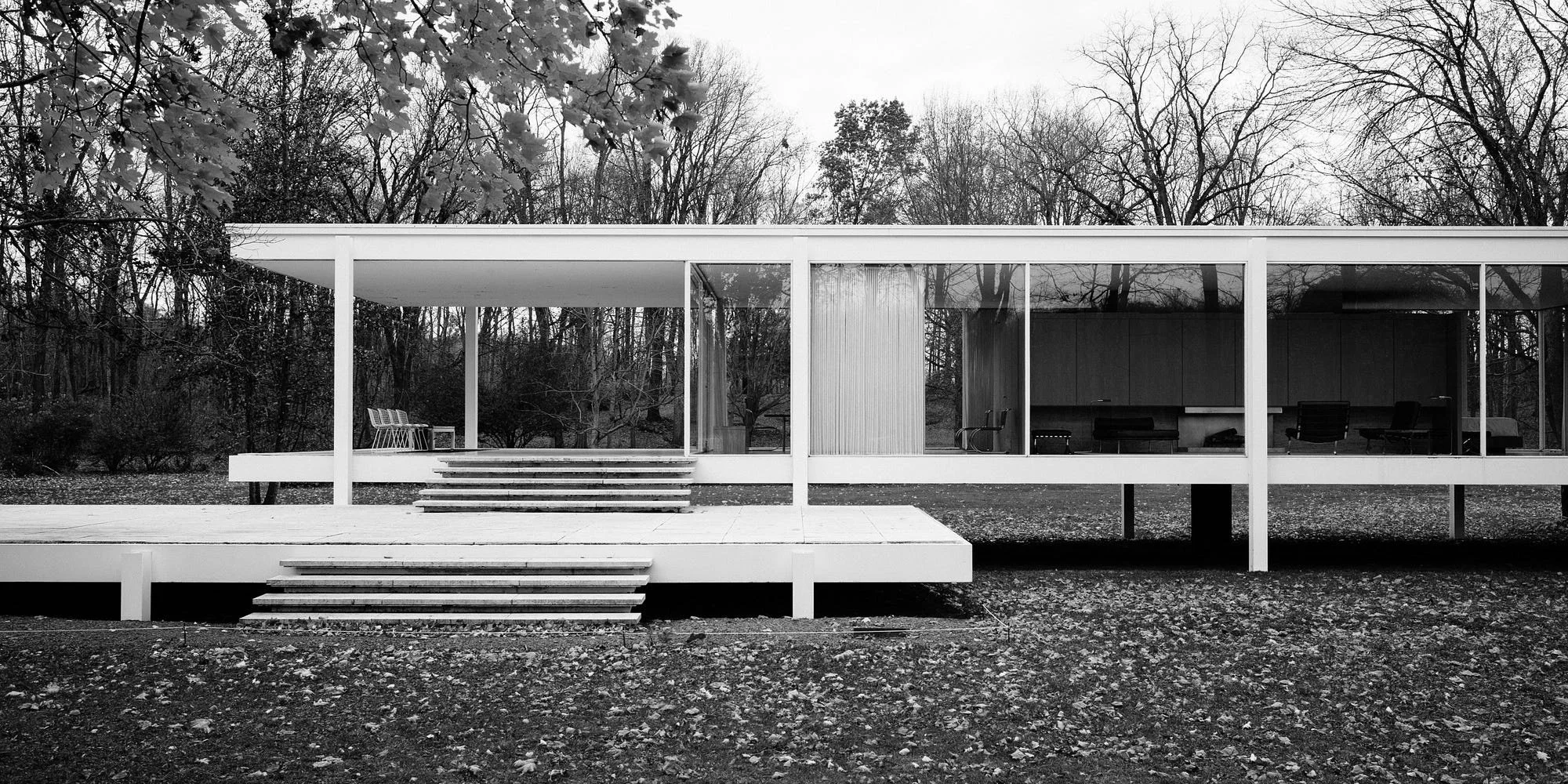 Black and white image of a modern house with large glass windows and a flat roof, set against a backdrop of leafless trees in a wooded area.