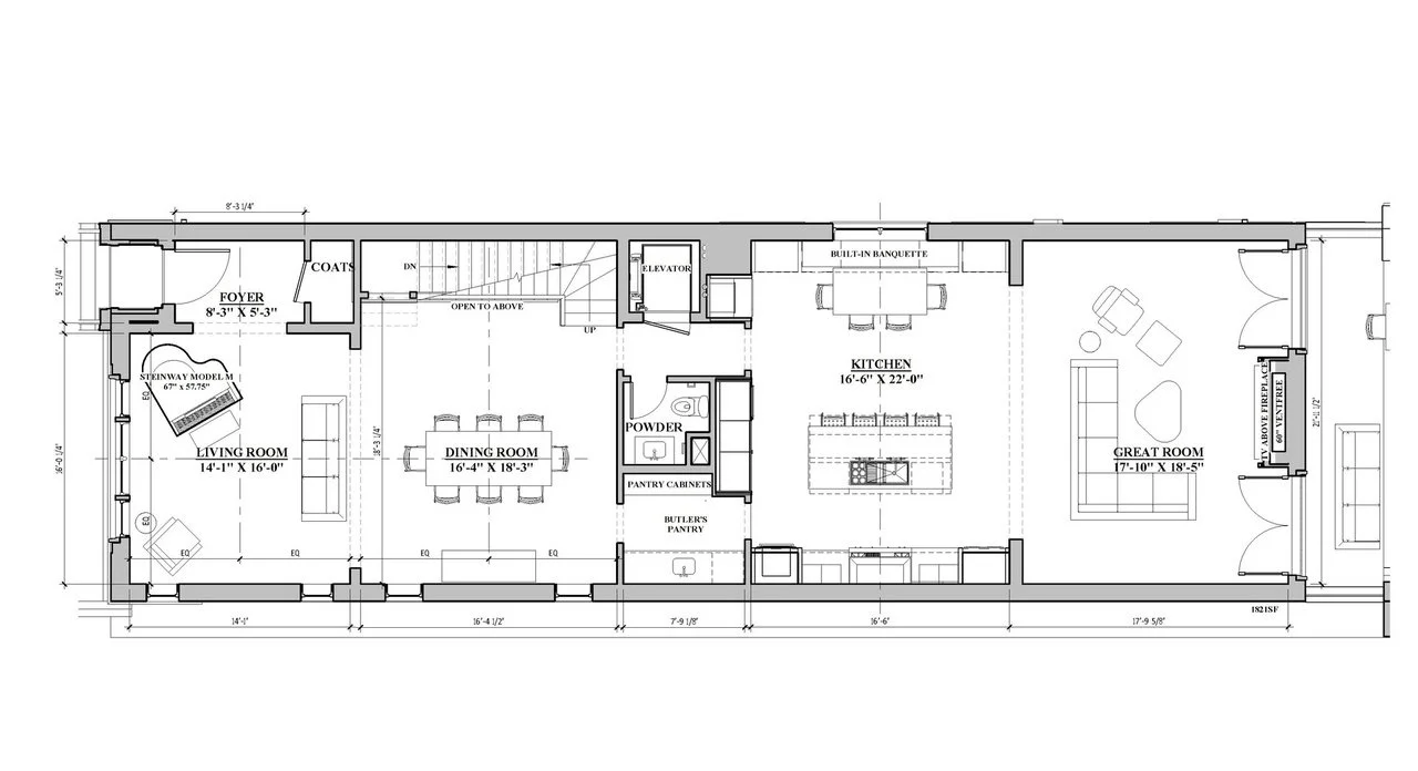 Architectural floor plan of a house showing rooms labeled foyer, living room, dining room, powder room, pantry, kitchen, great room, and stairwell. Dimensions are noted for each room.