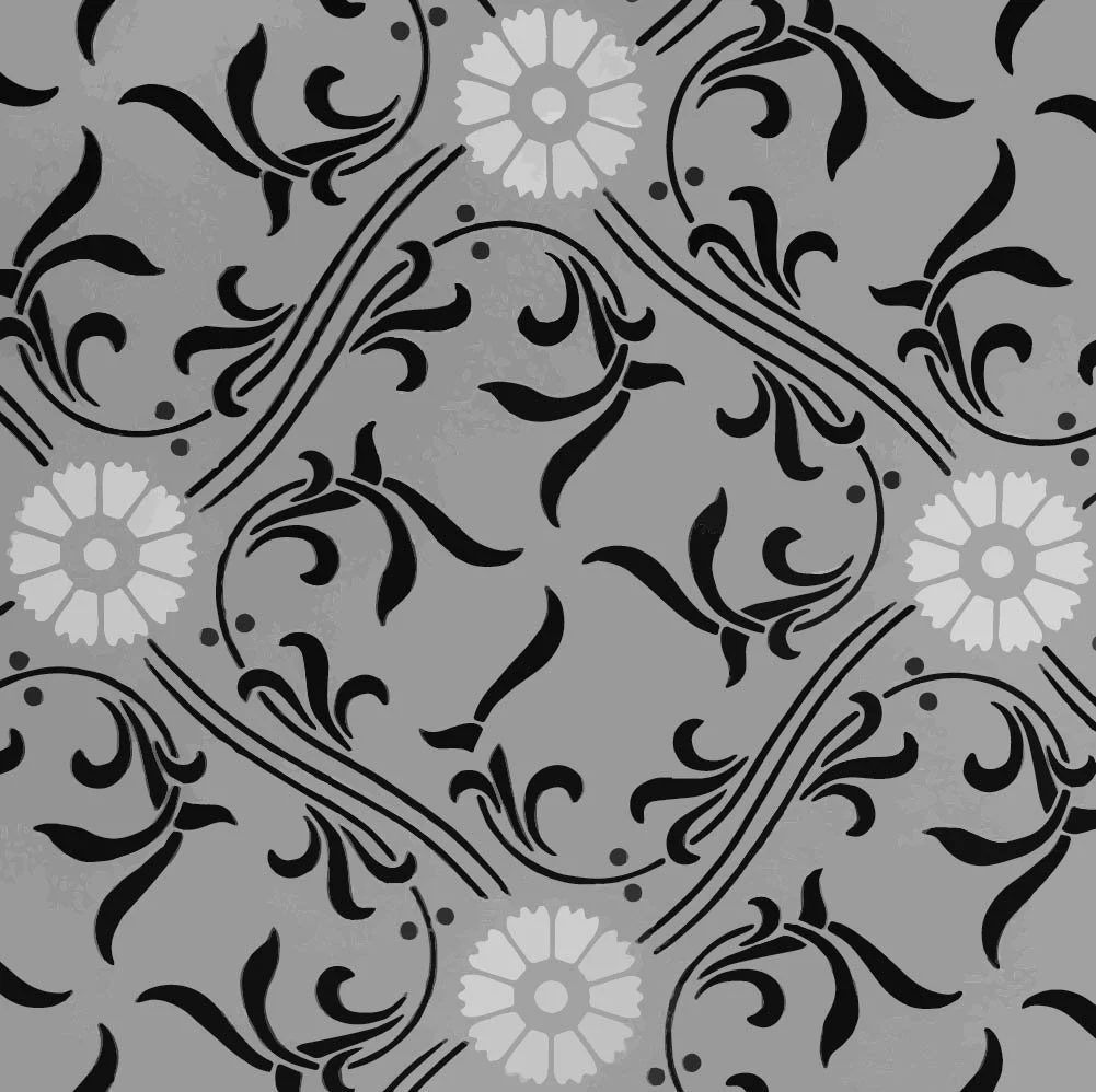 A seamless pattern with black floral and vine motifs on a gray background, featuring white flower accents.