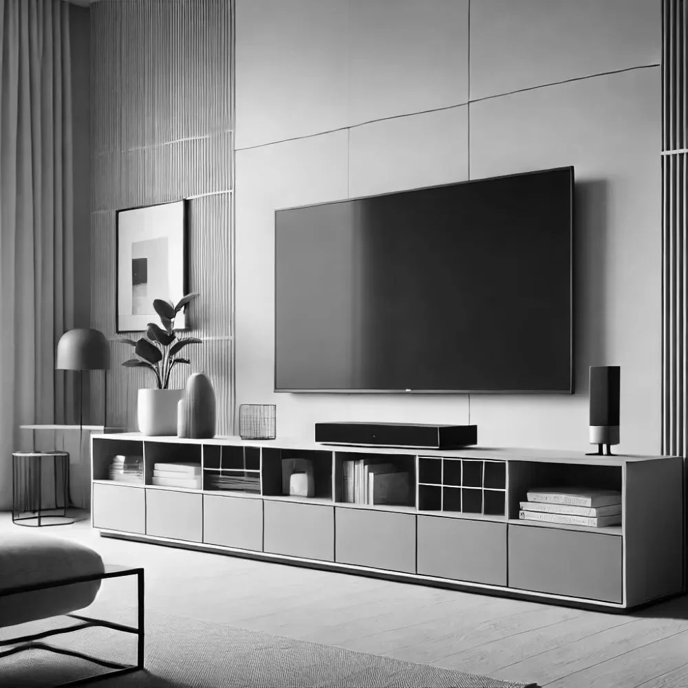 A modern living room with a large flat-screen television mounted on the wall, a long white entertainment console with books, decorative items, and a speaker. To the left, there are vases, a potted plant, a table lamp, and a framed artwork on the wall. The decor is minimalist and monochromatic.