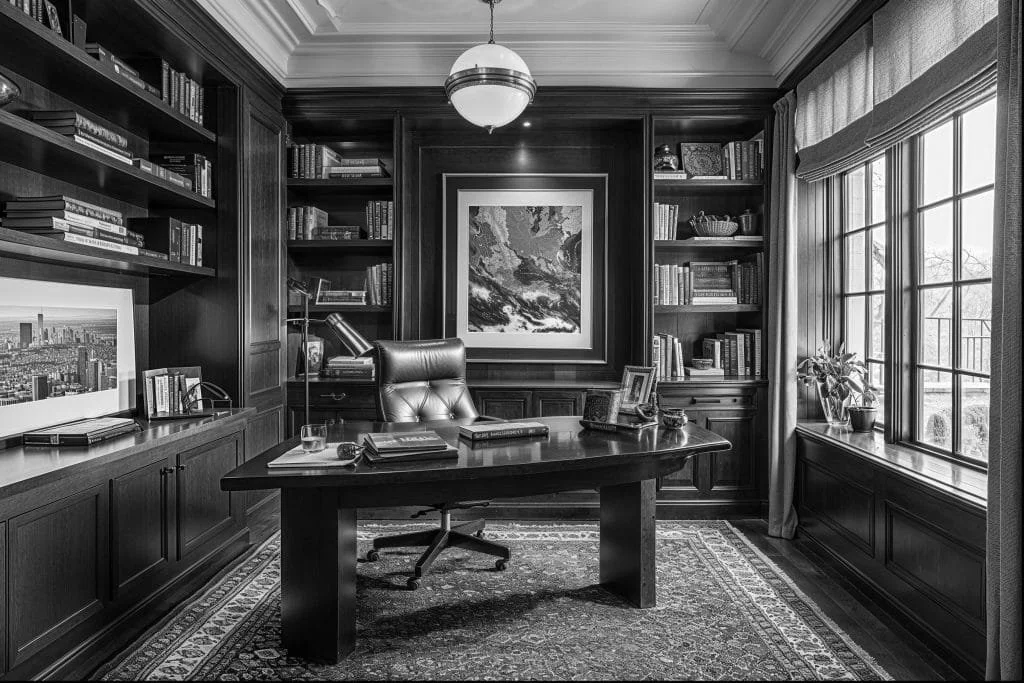 A private executive office with dark wood walls, bookshelves filled with books, a large wooden desk, a leather office chair, a window with curtains, potted plants, and framed artwork on the walls.