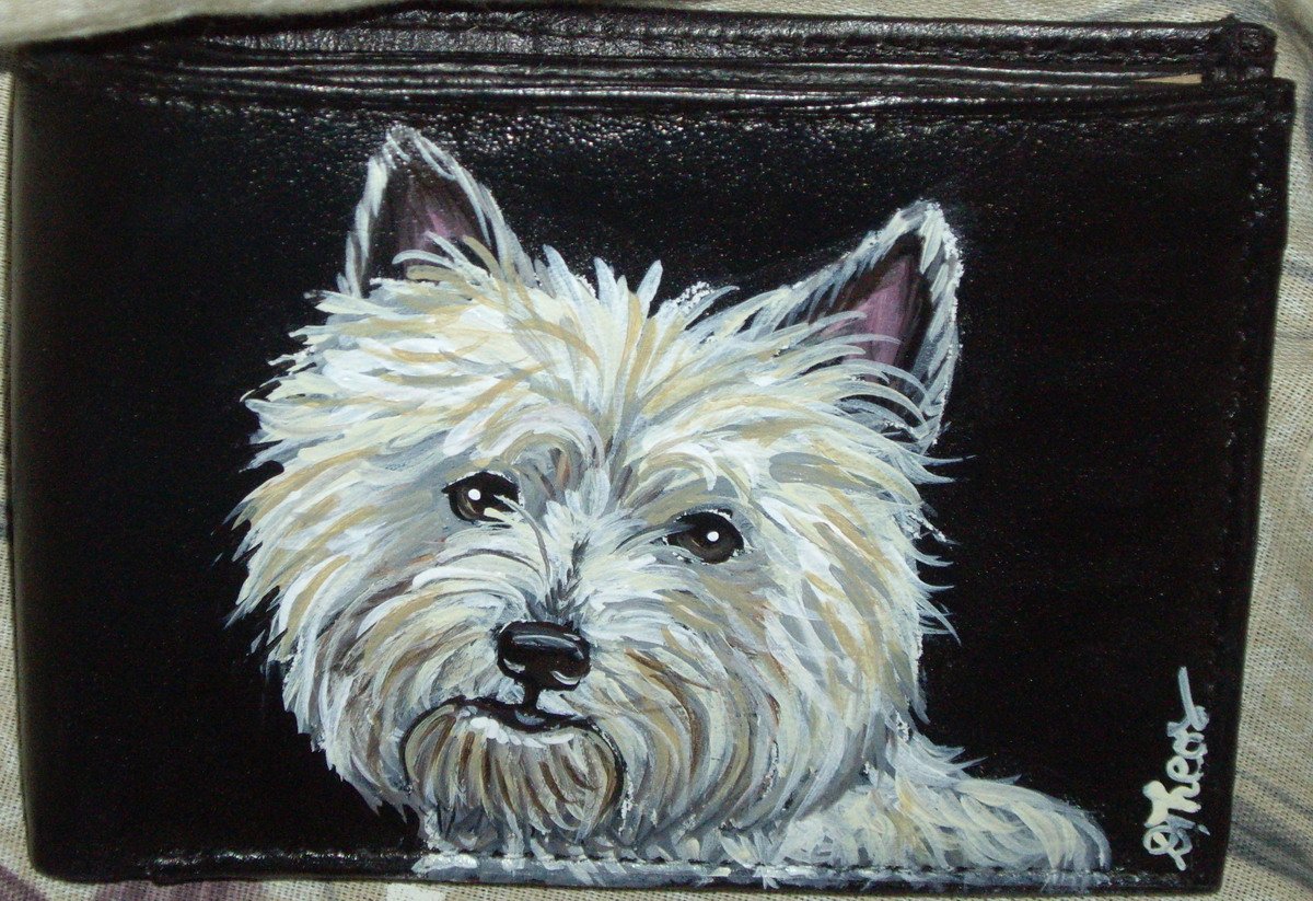 cream Cairn Terrier Dog Hand Painted Leather Wallet for Men