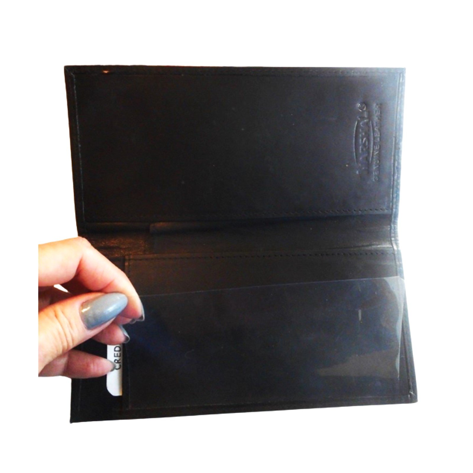 black leather checkbook cover inside view