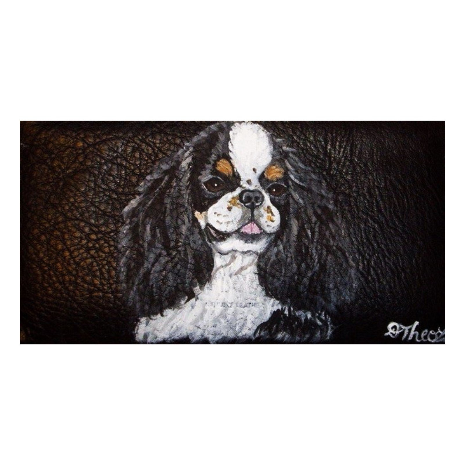 Tricolor English Toy Spaniel Custom Black Leather Checkbook Cover Hand Painted