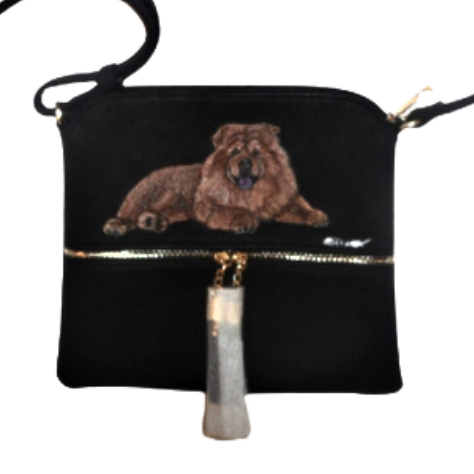 Chow Chow hand painted black vegan leather handbag crossbody bag closeup