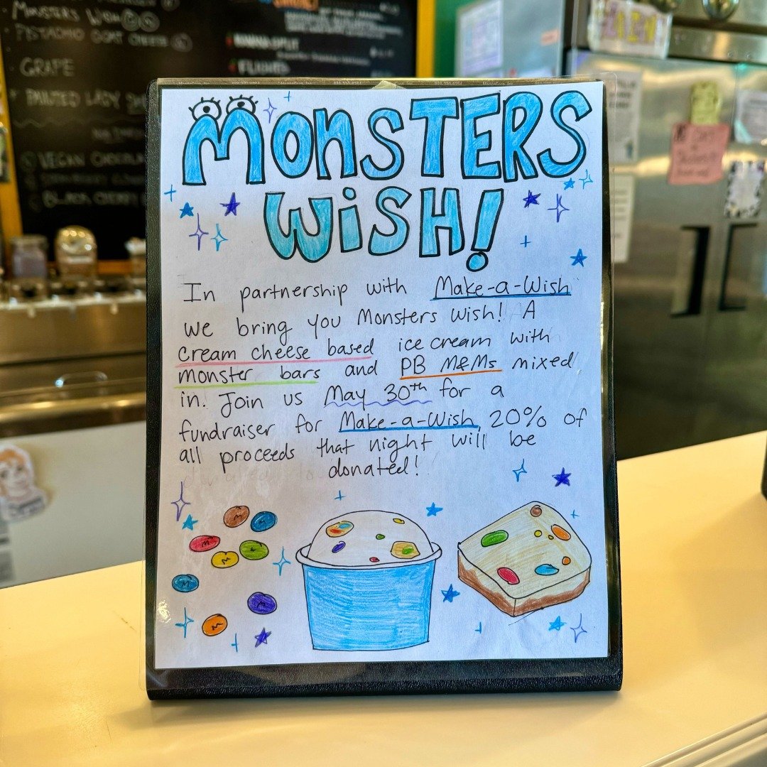 We are partnering with @makeawishnebraska throughout the month of May!💫

We will be offering &quot;Monster Wish&quot; &ndash; a cream cheese based ice cream with monster bars mixed in, topped with star sprinkles!⭐️

Help make wishes come true this M
