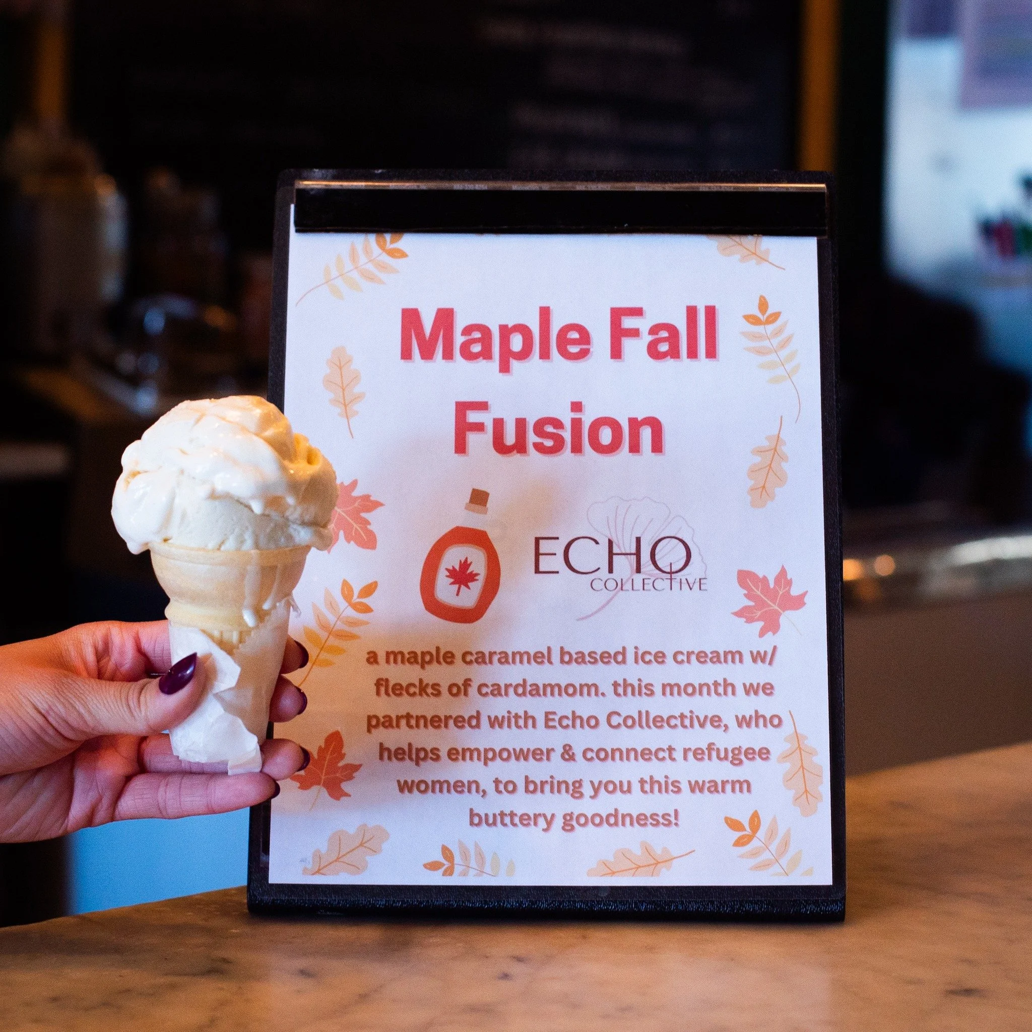 Today, Thursday, November 21, a portion of our Maple Fusion ice cream sales will help support @echo.collective.ne&mdash;because great ice cream and great causes are always a great fusion!🍁