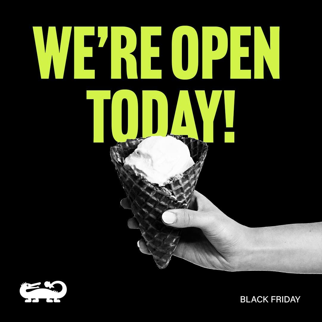 Forget Black Friday deals, come grab some ice cream instead. We&rsquo;re open &ndash; and we have merch that makes for great gifts. 😉🍦