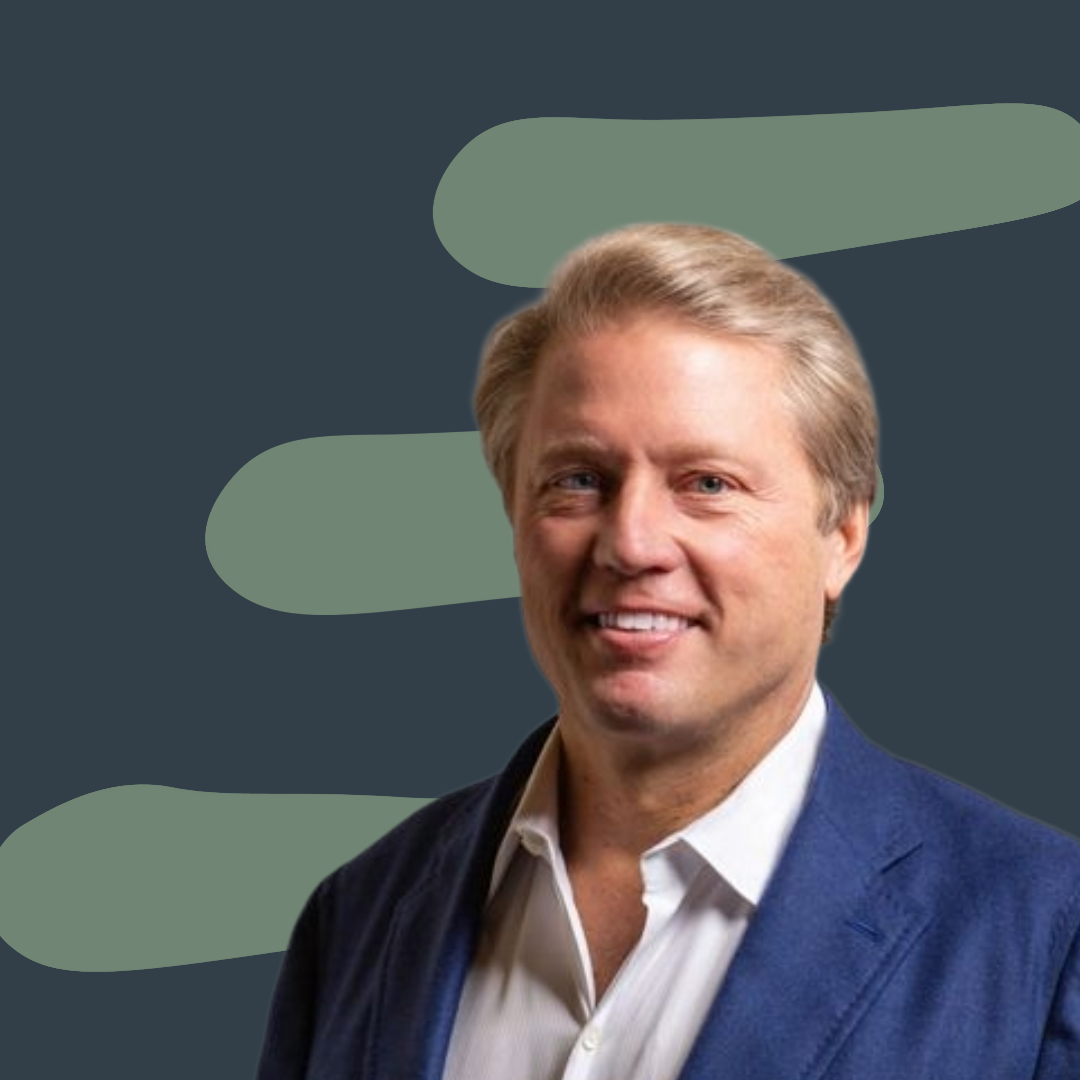 Season 1 guest on the Step Wise podcast, Kent Thiry, with blonde hair, wearing a white shirt and blue blazer, smiling against a dark background with abstract green shapes.