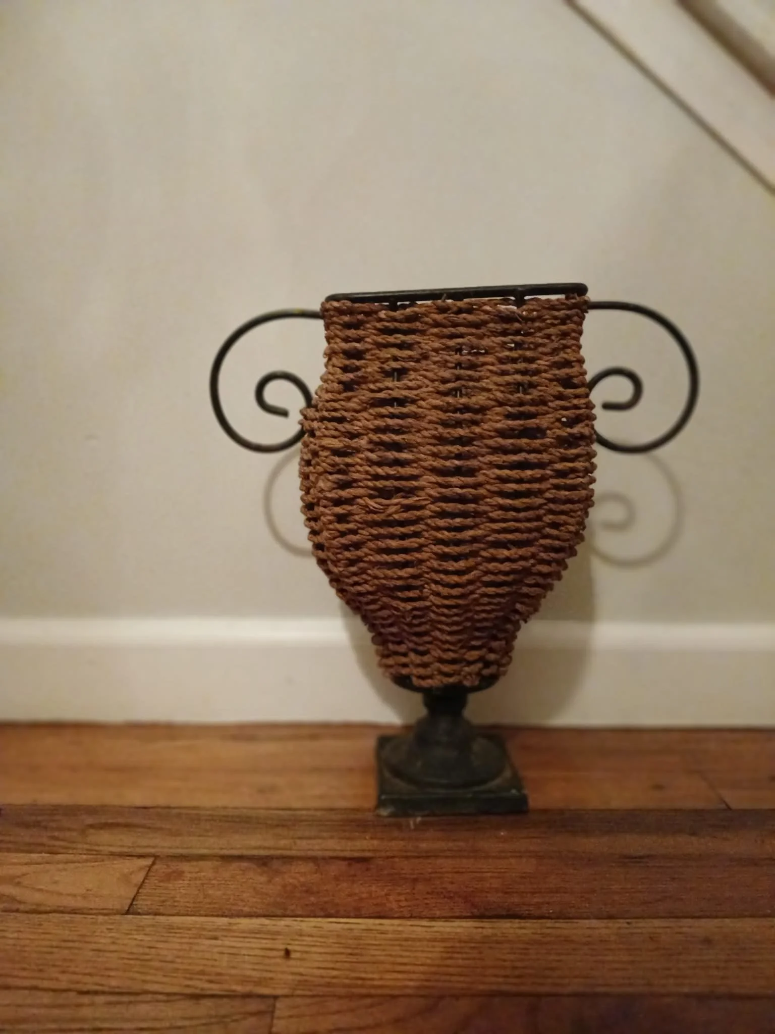 Vintage Wicker-Wrapped Vase on Iron Stand — Old-World Boho (circa 1990s)