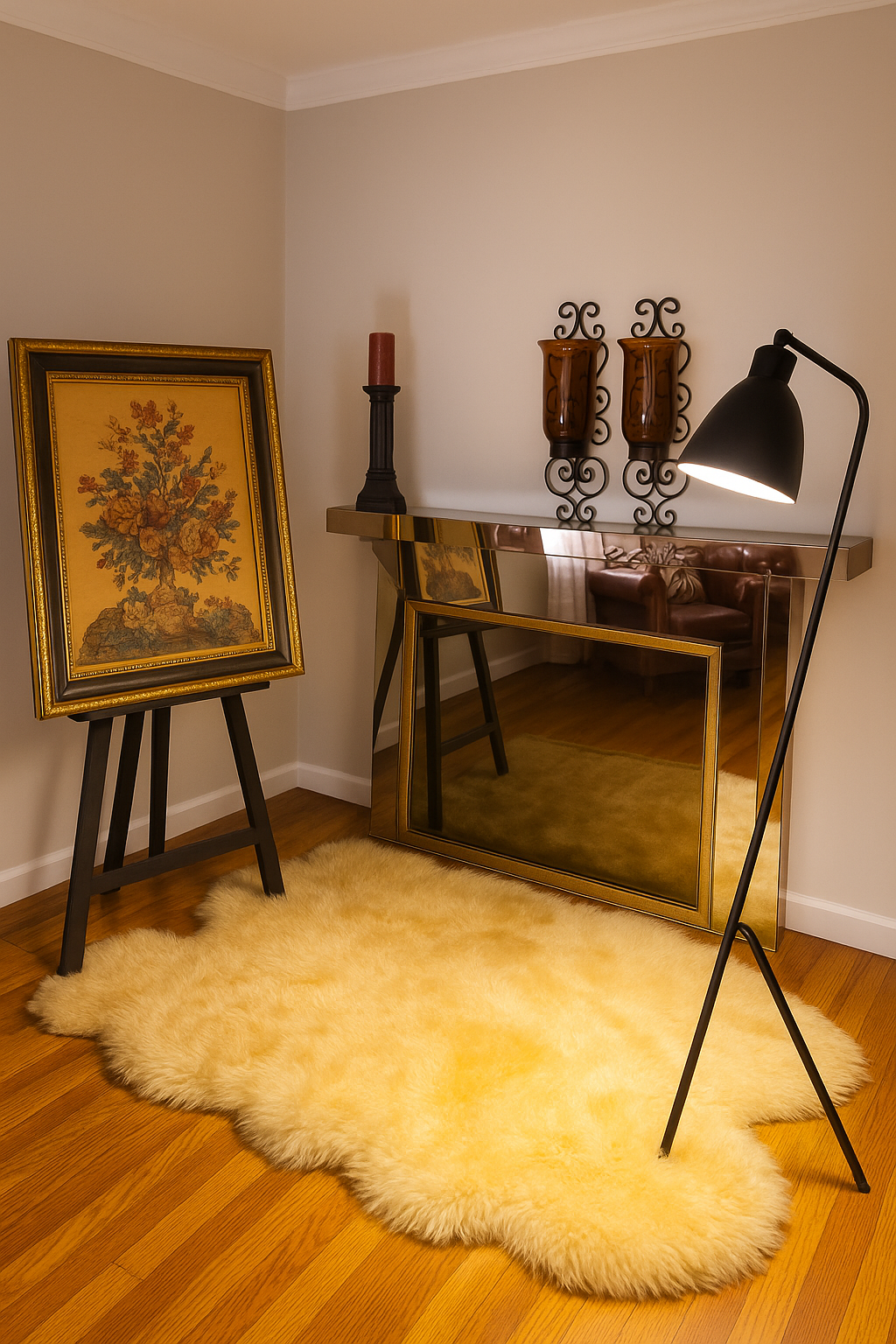 Dream Theatre Home curated corner — vintage decor vignette featuring mid-century artwork, mirrored side table, golden rug, and black spotlight lamp.