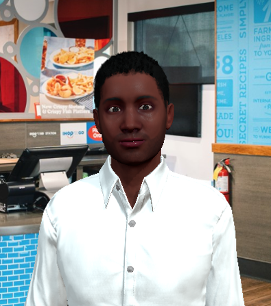 A man in a white shirt standing inside a fast food restaurant.