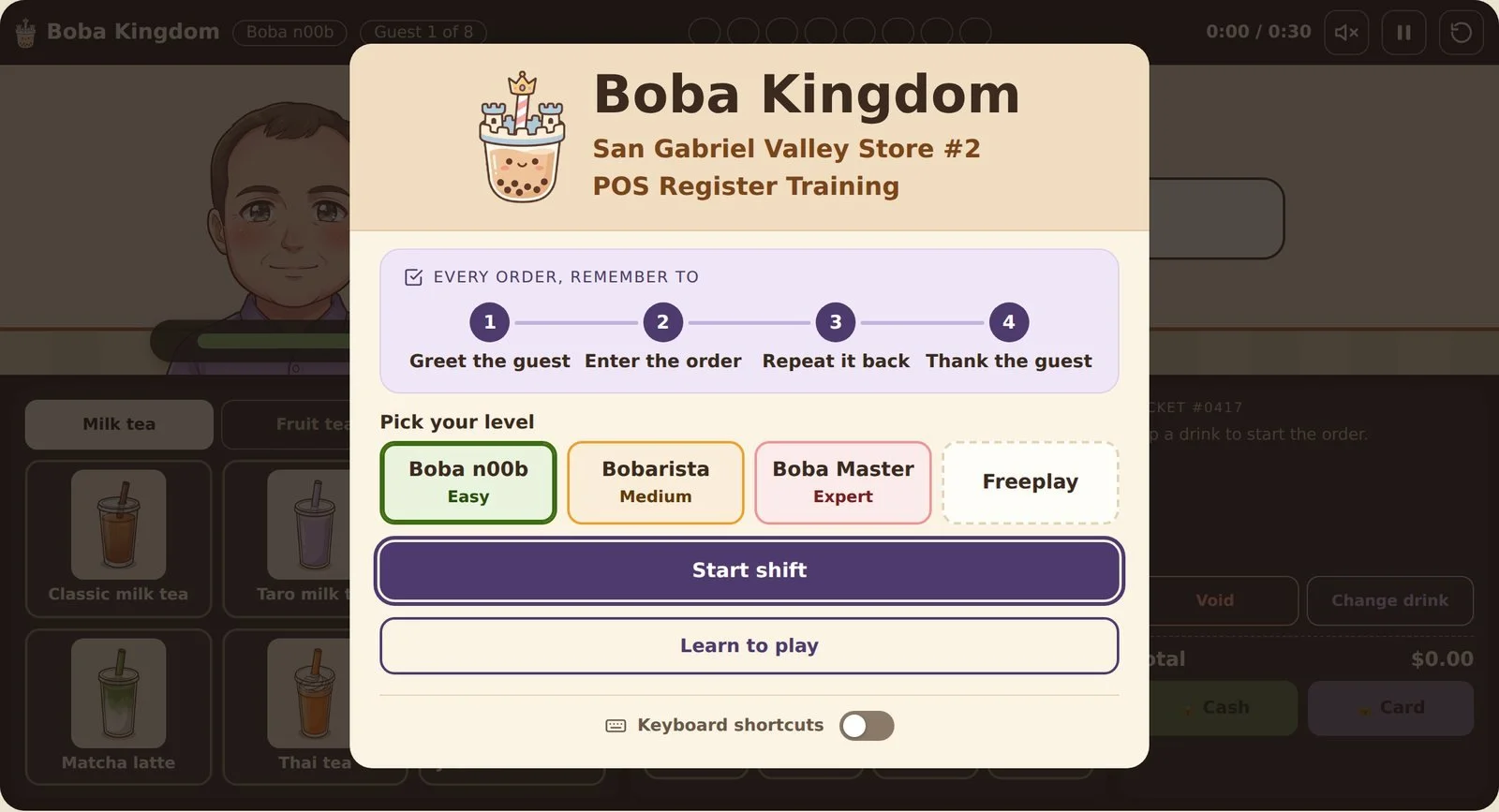Start screen for the Boba Kingdom POS training simulation, showing a menu with the four required steps for every order—greet, enter, repeat, and thank—along with four difficulty levels to choose from.