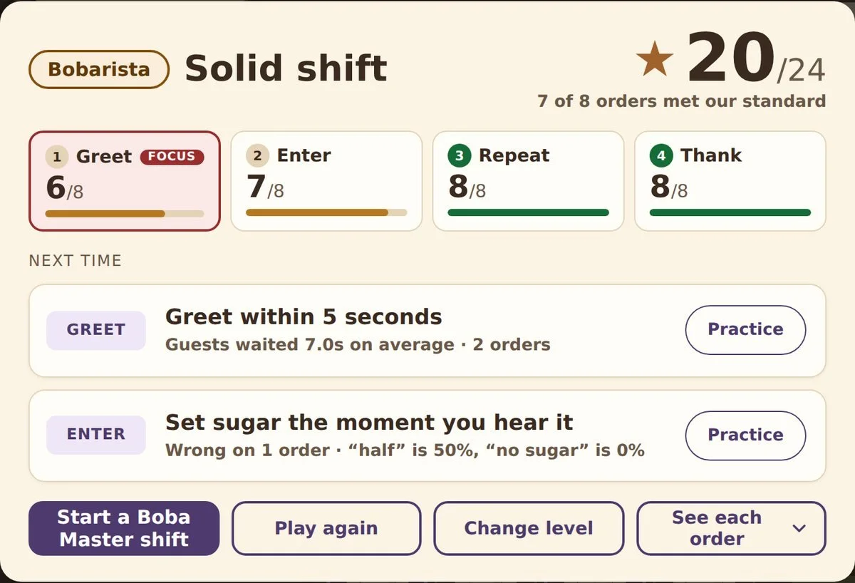 Post-shift review screen for the POS training game, showing scores for each step and targeted tips with practice buttons.