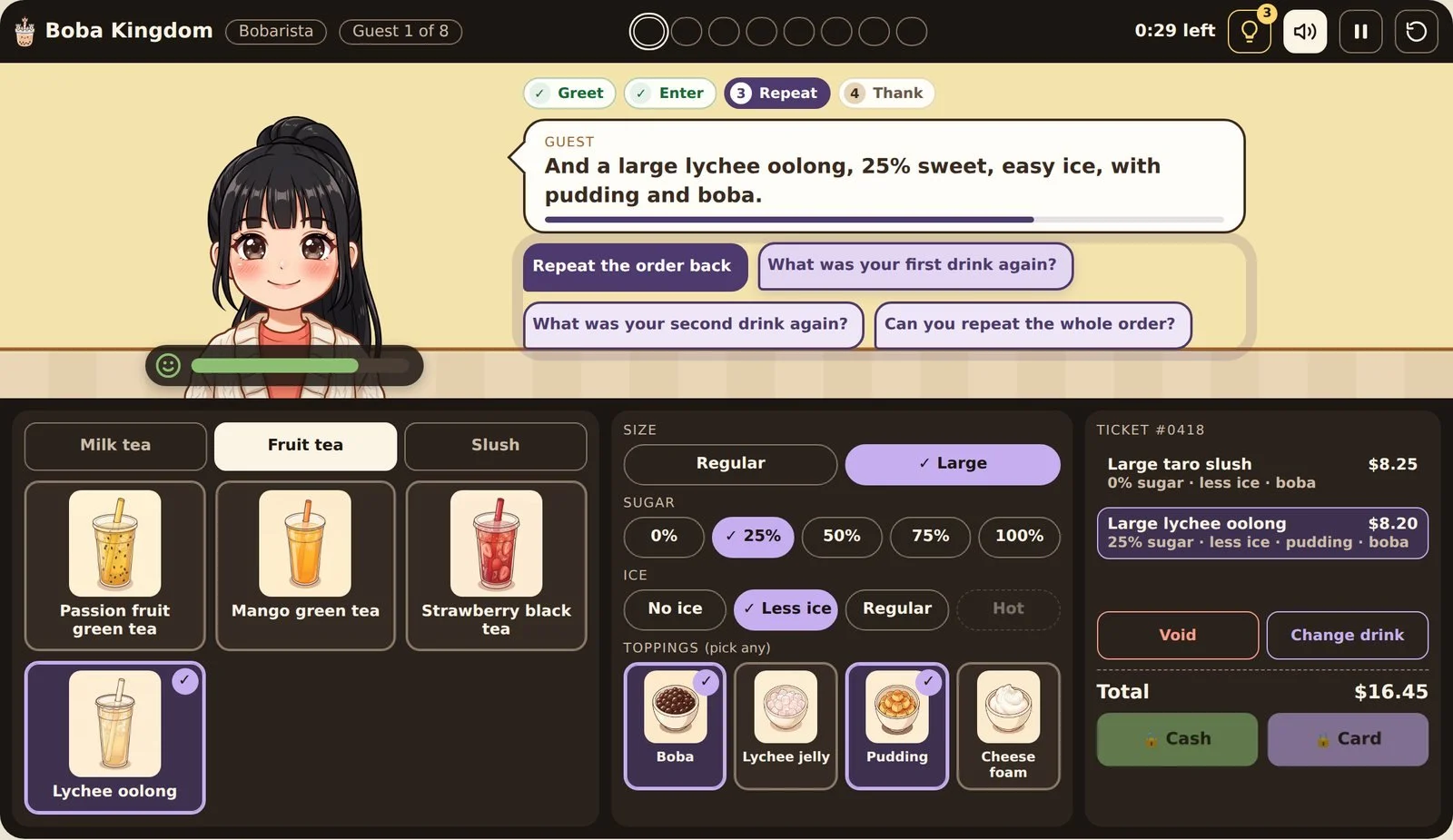 Boba Kingdom point-of-sale training game interface. An animated customer orders a lychee oolong while the lower screen displays a realistic POS register with drink modifiers, toppings, and ticket totals.