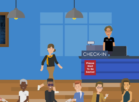 Illustration of a check-in area at an airport or train station, with a woman standing and five seated people in front of a check-in counter. The counter has a sign that says 'Please Wait To Be Seated.'