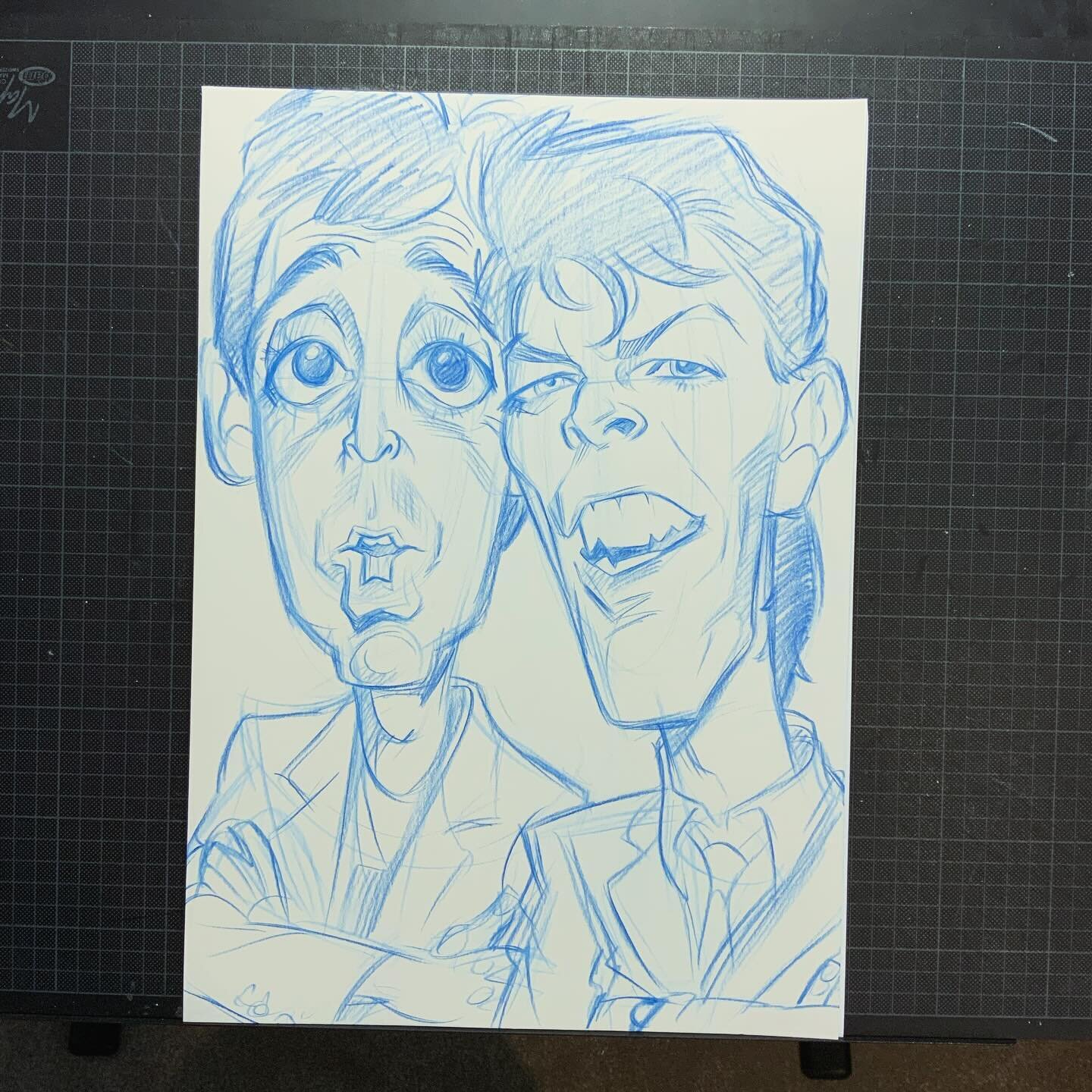 I&rsquo;ve had a particular reference photo in my folder for a while, of Paul McCartney and David Bowie backstage at Live Aid in &lsquo;85. I decided to have a crack at drawing it today, or at least make a start. Swipe for my initial loose pencil mar