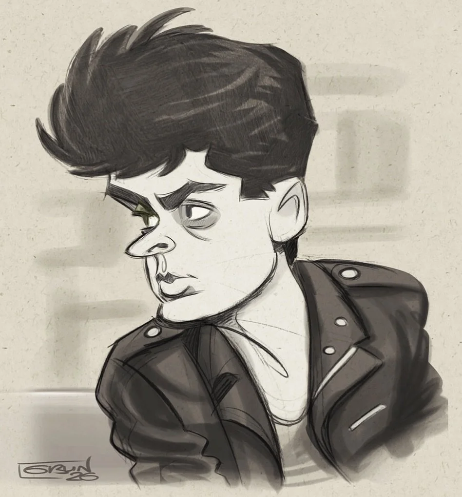 Digital sketch of Charlie Sheen, in his Ferris Bueller police station cameo. Apparently his character&rsquo;s name is Garth Volbeck, who knew?

Having done this I&rsquo;m kind of itching to see Jeannie&rsquo;s pissed-off expression make an appearance