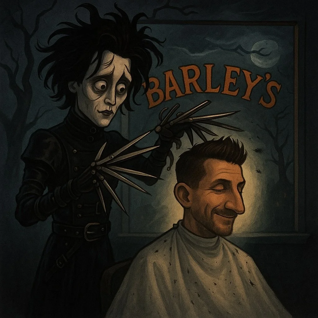 ✂️🖤 Barber Mike channeling his inner Edward Scissorhands &mdash; crafting precision cuts with a spooky twist. Only at Barley&rsquo;s, where art meets edge. 💈✨

#barleysbarbersalon #EdwardScissorhands #HalloweenVibes #LancasterPA #BarberLife #Barber