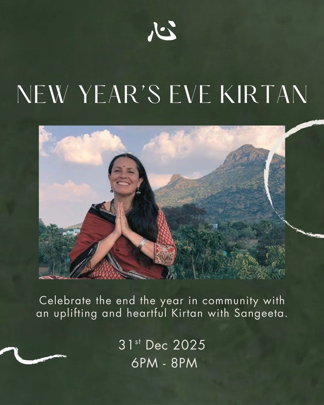 Join us to celebrate New Years Eve in community, with an uplifting and heartful Kirtan with Sangeeta.

Wednesday, 31 December 2025
6-8pm
Open Sky Wellbeing, Mullumbimby

This is a heart-nourishing way to spend New Years Eve.

We are honoured to welco