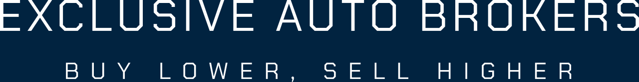 Text that reads 'Exclusive Auto Brokers, Buy Lower, Sell Higher' on a dark background.