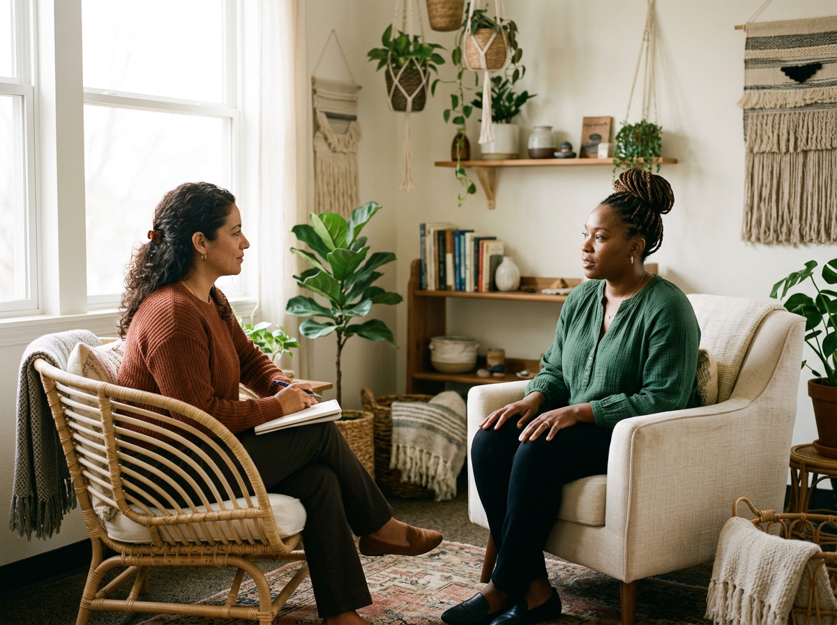 latinx female therapist counseling black female client in therapy office preparing for accelerated resolution therapy