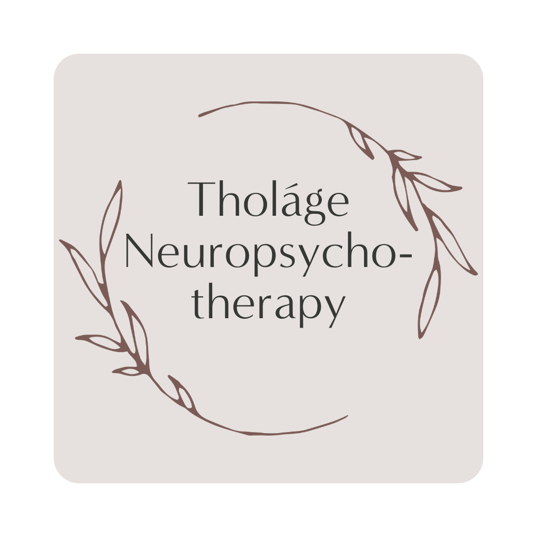 a square graphic spelling out Tholage Neuropsychotherapy with well roots counseling branding, trauma therapist near me, trauma counseling near me