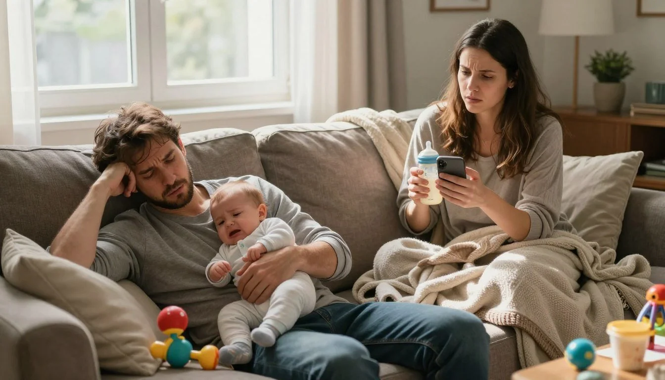 two parents struggling in the postpartum period because they need therapy to help reconnect, how to reconnect with your partner after having a baby, therapy for new moms