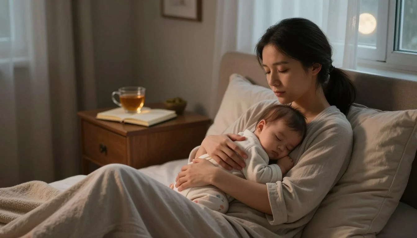 "Tired mother sitting in bed holding a sleeping baby, showing exhaustion from disrupted sleep