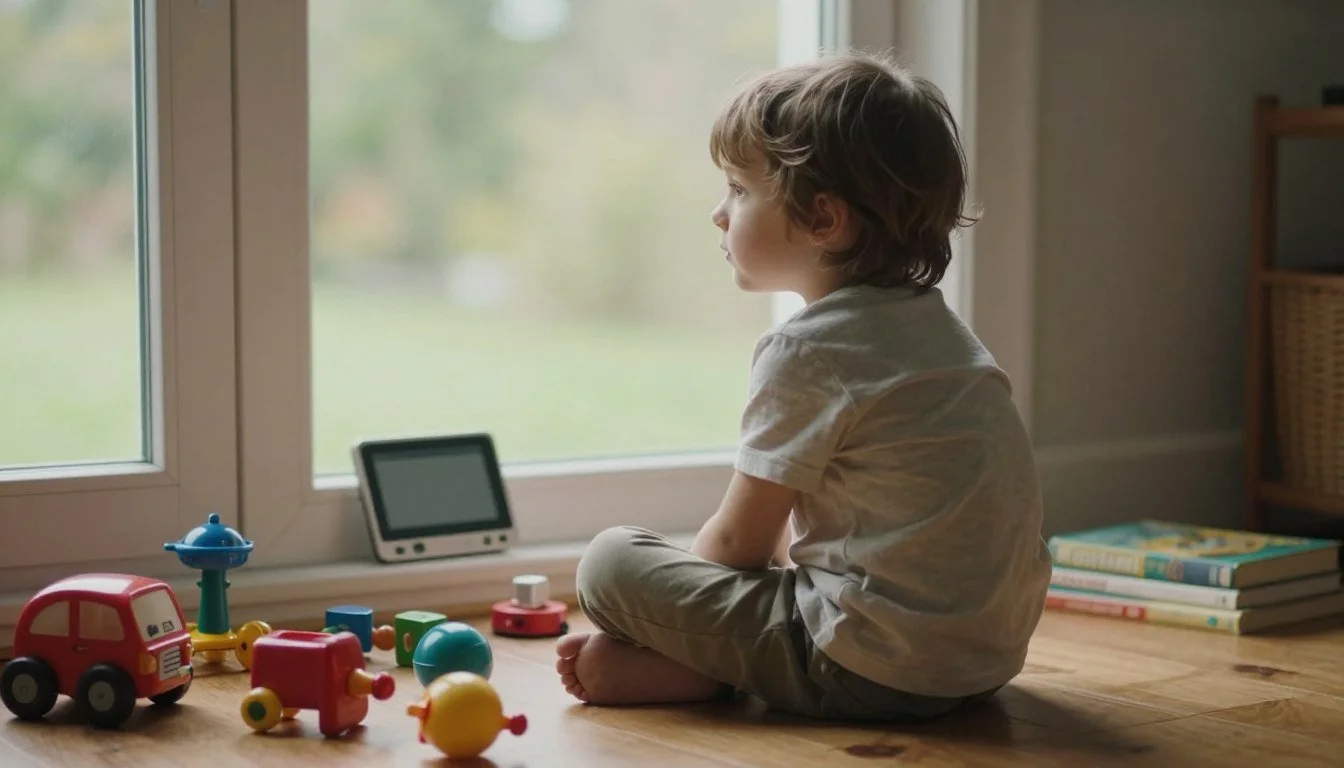 young boy sitting alone with toys and staring at an IPAD looking sad, going analog