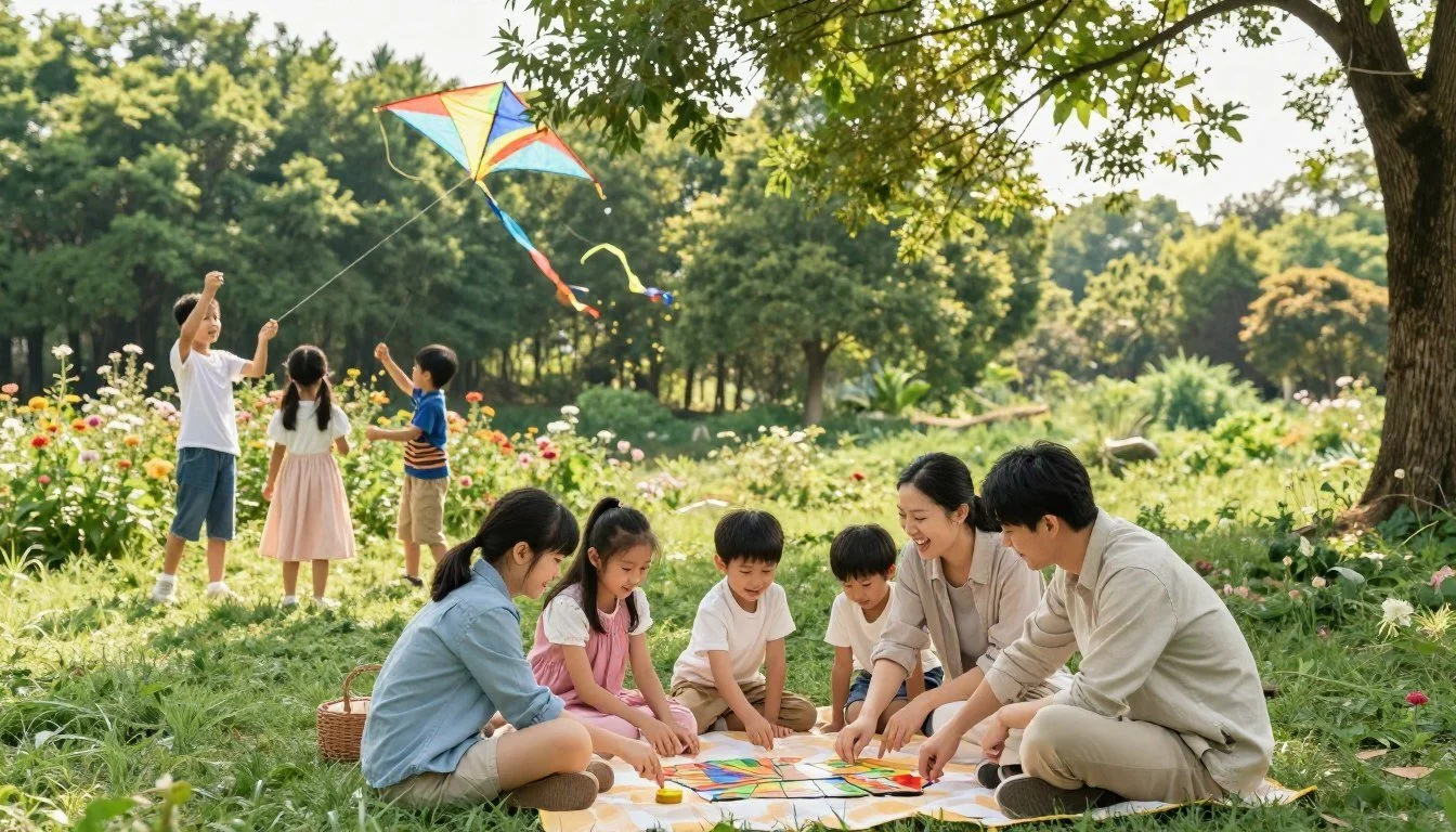 asian family sitting outside playing a game on the ground smiling, going analog